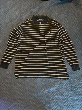 Polo Golf Black Striped Long-Sleeve Polo with Thin Cream Stripes